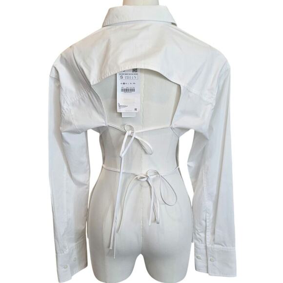 Zara NWT White Sexy Open-back Tie Button Up Shirt Sz. Small - Picture 3 of 6